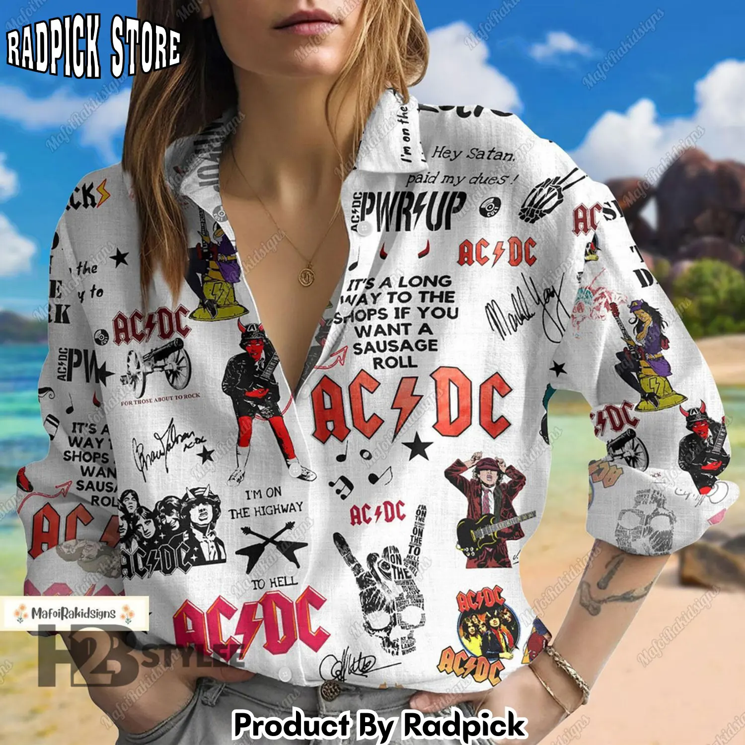 Radpick vintage acdc rock band power up tour  linen casual sh rp66241